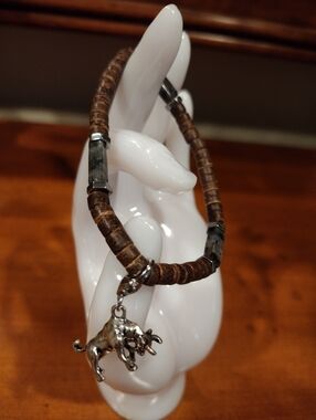Taurus men's bracelet coconut shells gray jasper and double sided silver charm